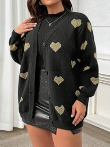 SHEIN LUNE 大码女式心形图案长袖单排扣休闲宽松开衫，秋冬 - 黑色 - 查看 4