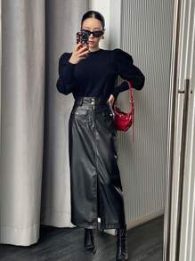 DAZY Women's Solid Color Long PU Skirt For Autumn/Winter Leather Skirt - Black - View 6