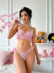 PetitDoll Bộ đồ lót lưới ren tương phản 2 món/bộ dành cho nữ (có gọng, dây) - Hồng - Xem 5