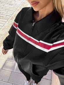 SHEIN EZwear Veste casual à manches longues avec fermeture éclair avant et poches, en blocs de couleurs, pour l'automne/hiver, nouveauté pour femmes