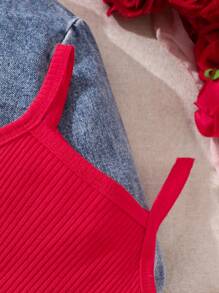 SHEIN 2pcs/Set Baby Girl Stylish Casual Heart Embroidery Denim Jacket & Matching Outfit, Spring/Summer - Red - View 5