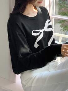 DAZY Áo len cổ tròn trang trí nơ màu tương phản dành cho nữ, Quần áo mùa thu - màu đen - Xem 8