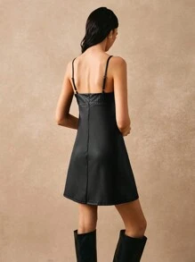 Poéselle Women's Texture PU Dress Solid Color Slip Dress Casual Versatile Sleeveless Mini Dress