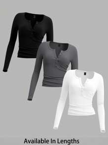 SHEIN Tall CURVE 3pcs/Pack Women Plus Size Casual Minimalist Black White Gray Knit Crew Neck Long Sleeve T-Shirt Sweater, Suitable For Autumn/Winter - Multicolor - View 1