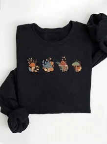 SHEIN EZwear 彩色刺绣蘑菇图案圆领休闲运动衫 - 黑色 - 查看 1
