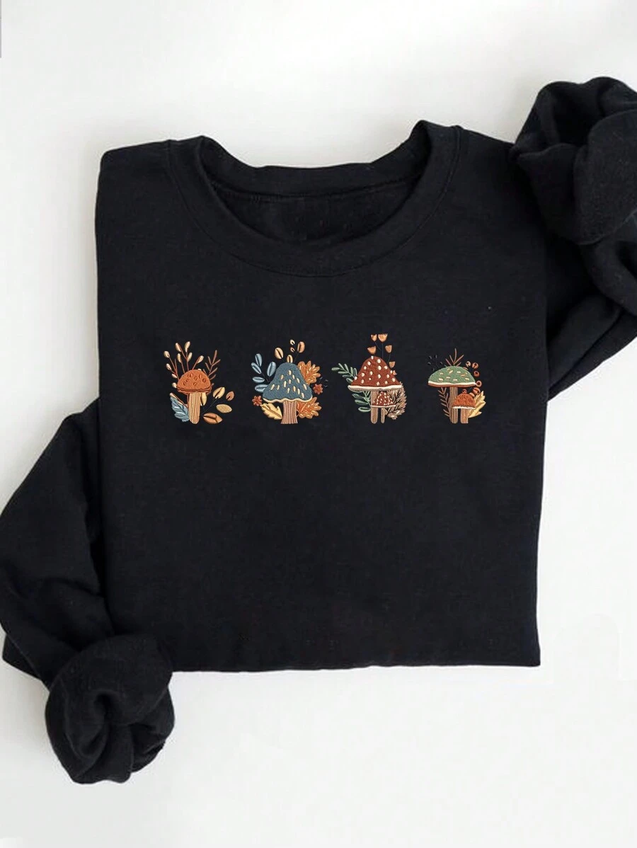 SHEIN EZwear 彩色刺绣蘑菇图案圆领休闲运动衫 - 黑色 - 查看 1