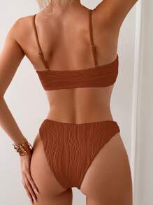 SHEIN Swim 2 件套女士纯色细肩带比基尼上衣和下装套装夏季 - 紅木色 - 查看 2