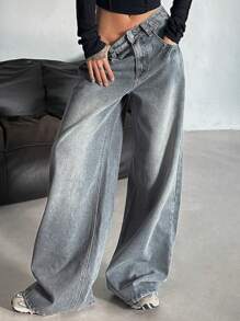 DAZY 女士休闲破洞阔腿宽松牛仔裤 - 淺色水洗藍 - 查看 7