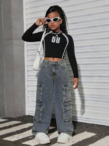 SHEIN Quần jeans cargo ống đứng cạp cao kiểu Y2K cho bé gái, có túi nắp tiện dụng, thích hợp mặc mùa hè. - Rửa tối - Xem 4