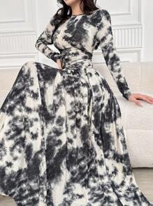 Modelyn Women Tie Dye Print Round Neck Long Sleeve Pleated Dress, Elegant