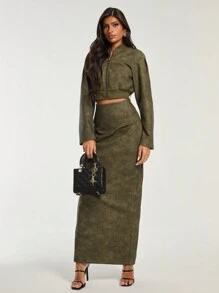 COSMINA Women's PU Leather Jacket, Military Green Color, Autumn/Winter