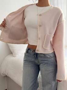 Siren Gaze Veste col rond pour femmes, veste à bordure contrastée brodée, veste de style casual de rue pour femmes, vêtements de bureau