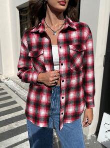INAWLY Camisa casual holgada de mujer de manga larga con bolsillo y cierre simple a cuadros, otoño