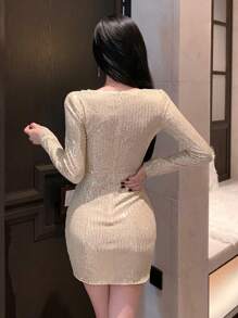 DAZY Women's Ruffle Glamorous V-Neck Sequin Party Short Dress With Long Sleeves Prom Dress Party Women,Mini Dress