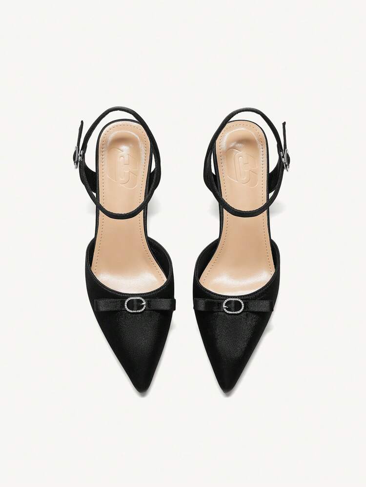 CUCCOO CHICEST Women's Fashionable Black Satin Bow Ankle Strap Pointed Toe High Heel Pumps, Suitable For Commuting, Dates, Gatherings And Parties Valentine's Day