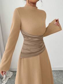 Elenzga Đầm Maxi Màu Trơn Thanh Lịch Duyên Dáng Cổ Tròn Tay Dài Thiết Kế Đính Nơ Satin Cho Nữ Trang Phục Nữ - Màu Khaki - Xem 6