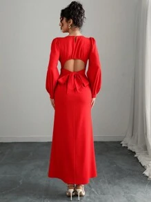 SHEIN Unity Women's Red Elegant French Style Round Neck Lantern Sleeve A-Line Maxi Dress,Solid Autumn Party Long Dress For New Year Outfit Spring Winter Clothes - Red - View 2
