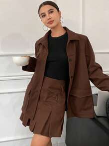 DAZY 女士纯色宽松口袋长袖翻领夹克和百褶迷你裙 2 件套