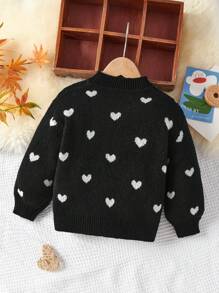 SHEIN Tween Girl 超大休闲简约舒适长袖套头衫，带心形图案，卡其色 - 黑色 - 查看 2