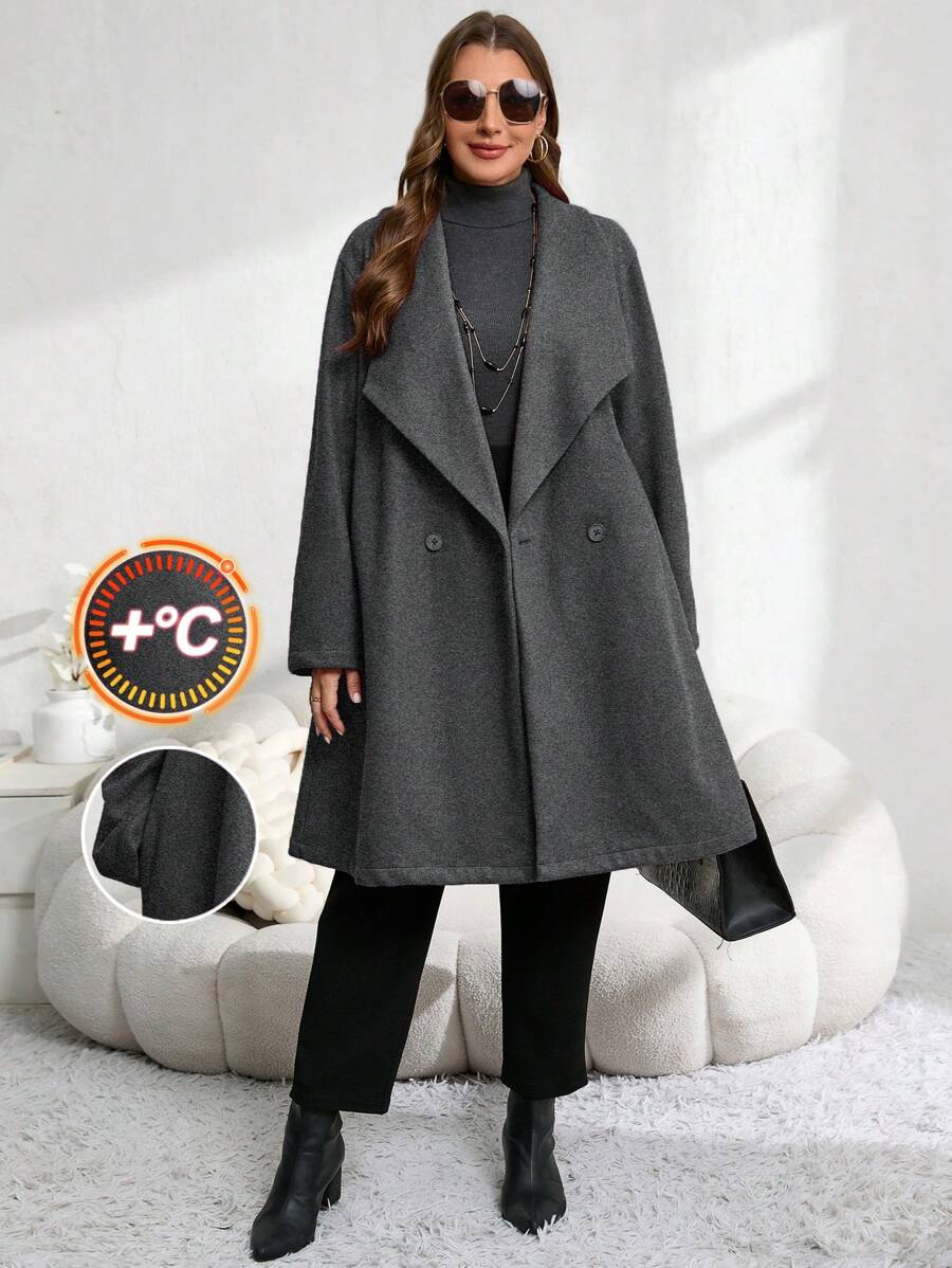 EMERY ROSE Plus Size Women Solid Color Lapel Long Sleeve Double-Breasted Casual Overcoat, Autumn/Winter - Grey - View 1