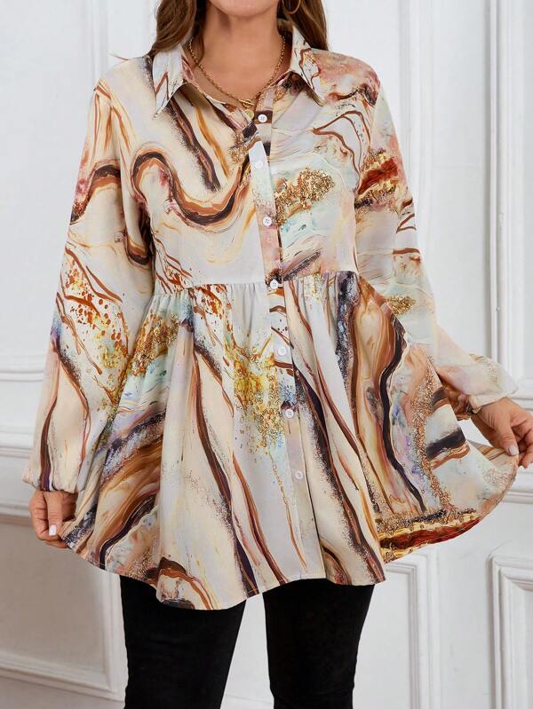 SHEIN LUNE Plus Size Front Button Full Print Ruffle Hem Long Sleeve Shirt Party Shirts Elegant Office Wear, Plus Size Women Elegant Commuter Simple Fashion Versatile Bestseller Shirt ,Spring/Summer Versatile Popular Design Stylish For Everyday Wear Elegant Blouse Women Shirt