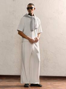 AKNOTIC Party 2 件套男士宽松蝙蝠袖圆领休闲 T 恤套装，适合夏季 - 白色 - 查看 5