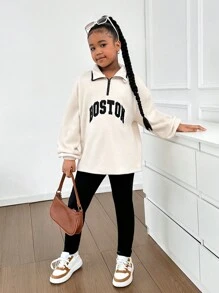SHEIN Tween 女童针织立领运动衫和踝袖紧身裤 2 件套，休闲日常装 - 杏色 - 查看 3