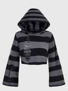 ROMWE Grunge Punk Áo len chui đầu sọc ngắn phong cách Punk rách cỡ lớn, màu đen và xám, dành cho mùa đông - Màu xám đen - Xem 1