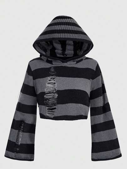 ROMWE Grunge Punk 大码破洞朋克风格连帽条纹短款套头衫，黑色和灰色，适合冬季