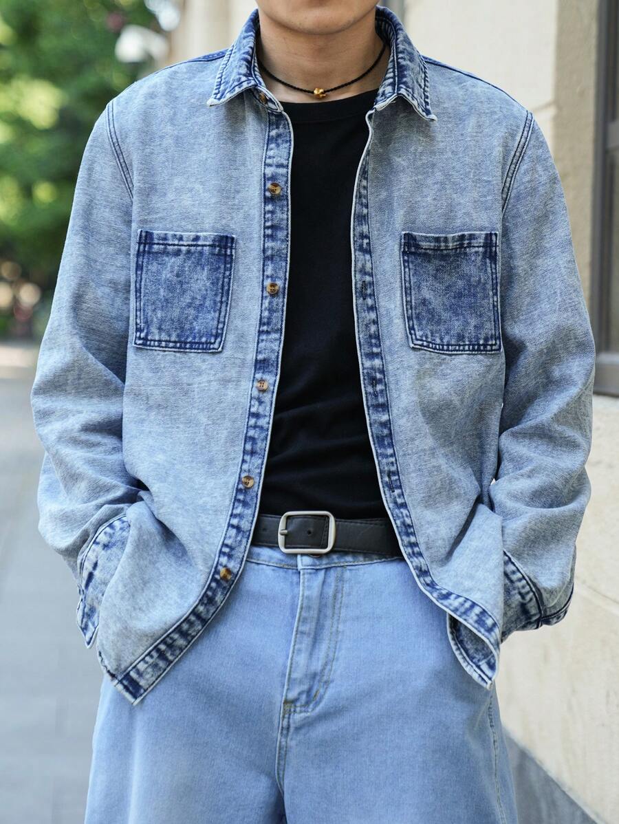 Manfinity Homme Men's Casual Autumn Double Pocket Washed Denim Shirt - Blue - View 1