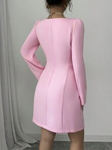 Selianne Square Neck Puff Sleeve Pearl Embellished Pink Dress Fall Cloth For Women - Pink - View 2