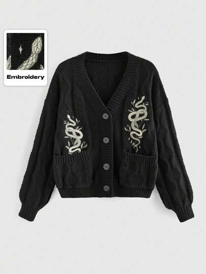 Goth Vintage Casual Versatile Embroidery Plant Snake Leaf Pocket Lantern Sleeve Women Cardigan