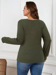 SHEIN LUNE Plus Size V-Neck Solid Color Ribbed Cozy Casual Versatile Long Sleeve T-Shirt Green Holiday - Army Green - View 2