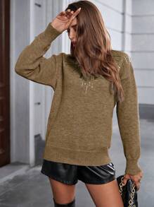 SHEIN Clasi Áo len dài tay cổ tròn trễ vai cỡ lớn đính sequin tương phản cho nữ, thời trang và đa năng cho mùa thu/đông - màu nâu - Xem 5