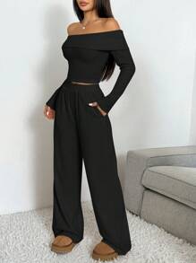 SHEIN EZwear Conjunto informal de mujer de camisa de manga larga en escote bardot y pantalones de punto negro