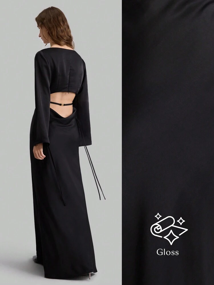 1pc Women's Plain Color Long Sleeve Waist Hollow Minimalist Extra Long Banquet Dress, Casual And Daily Wear