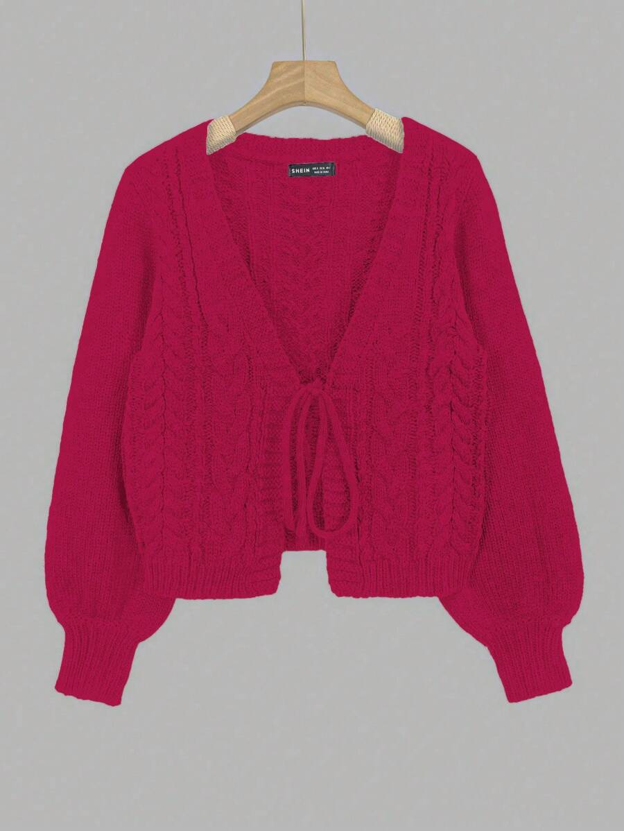 SHEIN Unity 女士纯色长袖前系带宽松休闲开衫，秋冬季新年衣服 - 紅色 - 查看 1