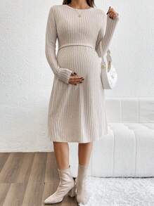 SHEIN Maternity Solid Color Round Neck Ribbed Long Sleeve Nursing Dress - Khaki - View 5