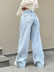 EURMUSE Low Waist Pocket Ripped Detailed Wide Leg Jean - Medium Wash - View 2
