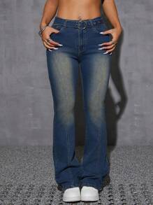 SHEIN EZwear Women's Button Front Pocket Simple Denim Jeans, Casual Everyday Wear