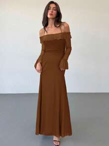 Aloruh 现代街头服饰 女式黑色长袖伞形下摆网眼长裙 - 棕色 - 查看 3