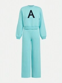 Teenager Girls Casual Simple Personalized Street Style Letter Jacquard Knit Texture Sweater And Straight Leg Pants Set, Great For Keeping Warm In Autumn & Winter