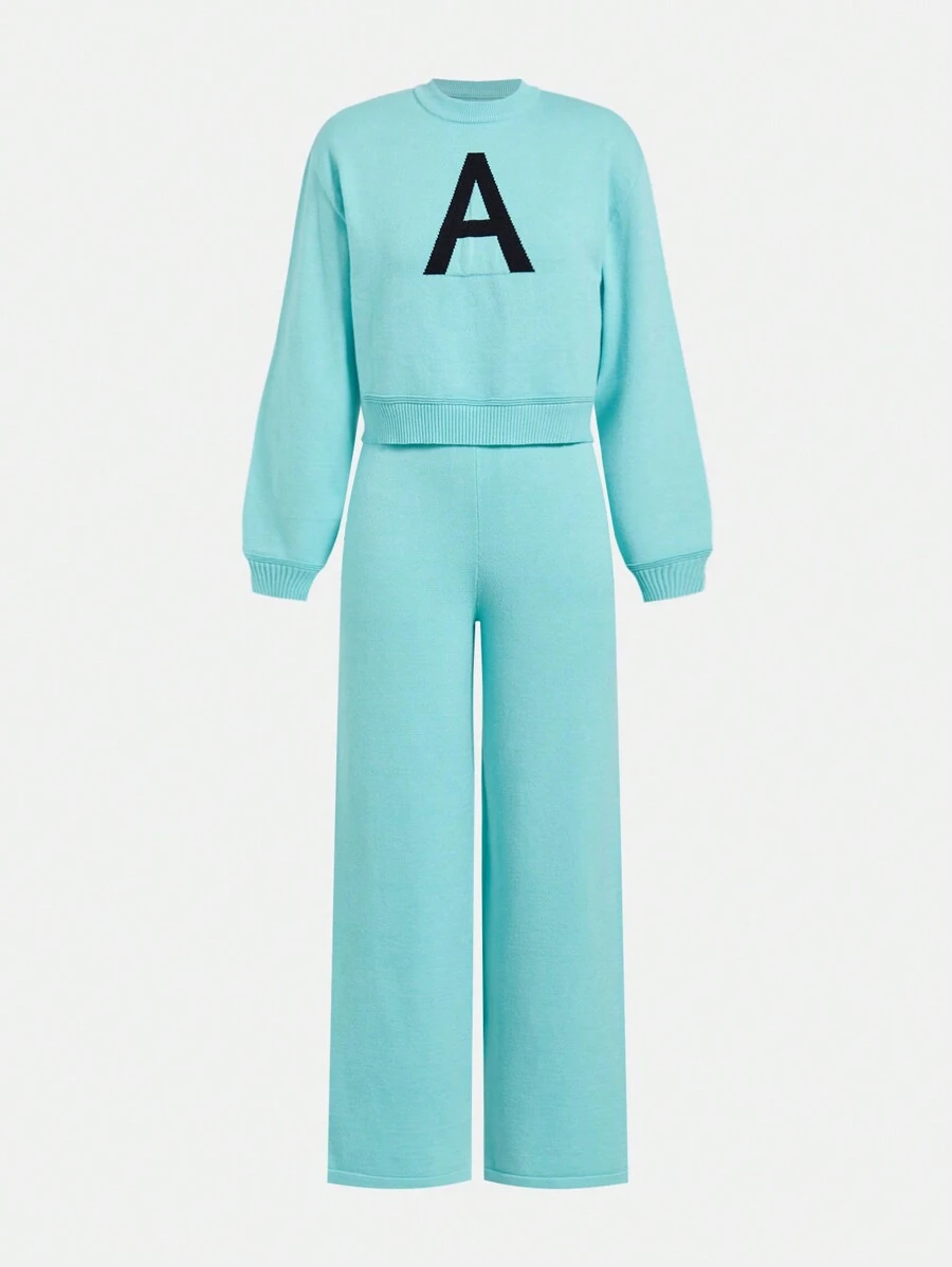 Teenager Girls Casual Simple Personalized Street Style Letter Jacquard Knit Texture Sweater And Straight Leg Pants Set, Great For Keeping Warm In Autumn & Winter