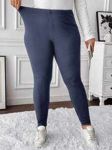 SHEIN LUNE Plus Size Women Solid Color Thermal Lined Casual Leggings, Autumn/Winter - Blue - View 4