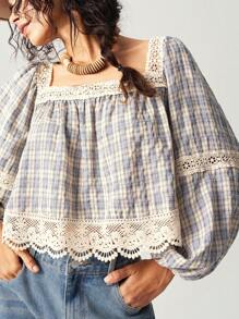 Bohemela Dames Casual Geweven Geruit Contrasterende Kanten Bies Vierkante Hals Losse Blouse
