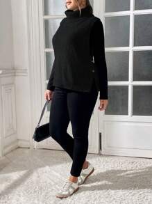 SHEIN Essnce Plus Size Women's Autumn And Winter Casual Loose Comfortable Warm Black Turtleneck Sweater Vest,Fall Women Clothes,Winter Sweater Top,Winter Outfits,Thermal Tops,Curve Comfy Sweater - Black - View 6