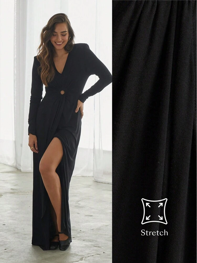 Women's Black Deep V-Neck Knit Slim Fit High Slit Maxi Party Dress