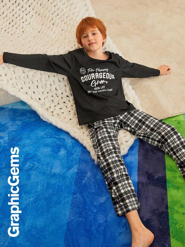 Toddler Boy Letter Printed Round Neck Long Sleeve Top And Sweatpants Home Set