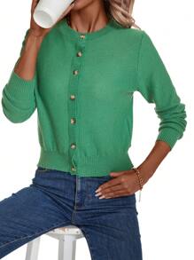 SHEIN LUNE Short Solid Color Buttoned Front Casual Knitted Long Sleeve Cardigan Fall Cloth For Women - Green - View 7