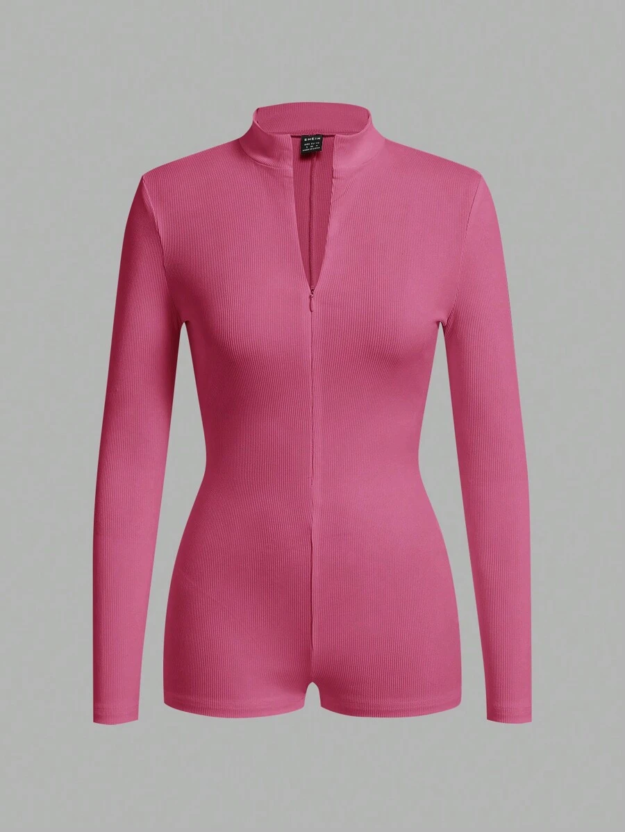 Slaydiva Casual White Ribbed Long Sleeve Front Zipper Jumpsuit - Hot Pink - View 1